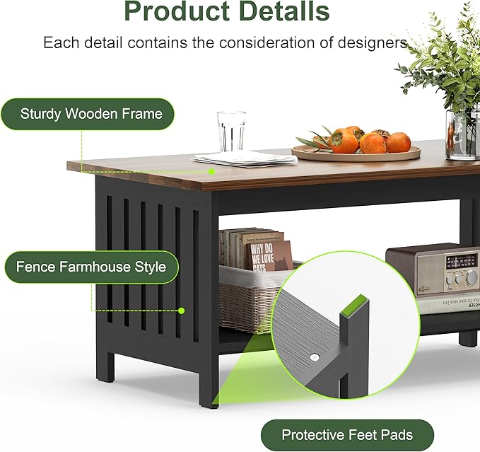 YOSHOOT 39.4" Farmhouse Coffee Table - Coffee Tables for Living Room, Small Coffee Table with Storage, Center Table for Living Room, Bedroom, Office, Black