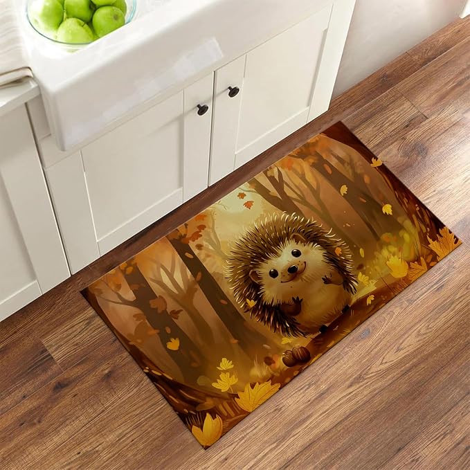 Cute Autumn Hedgehog Indoor Door Mat Gifts, Floor Area Rug for Entryway, Living Room or Bathroom, Non-Slip Woodland Animal Theme Doormat Home Decor Rug 17x29.5 Inch - Image 3