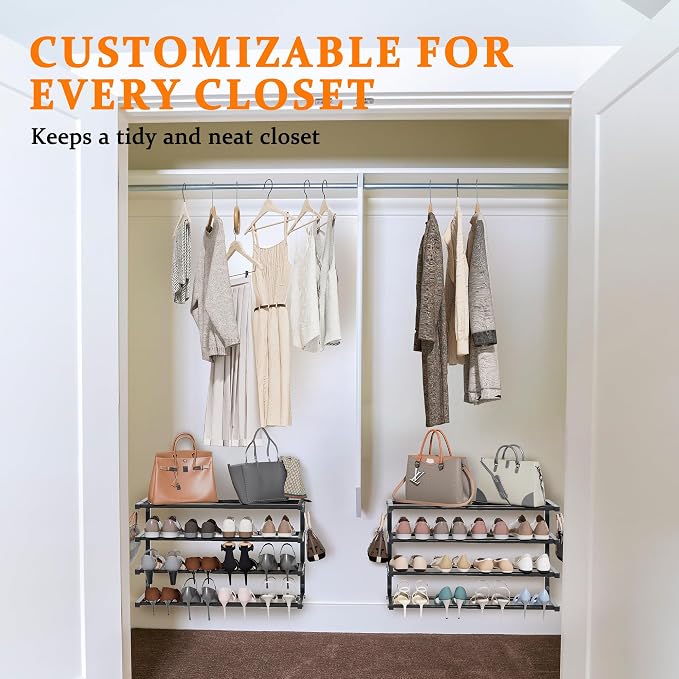 2 Pack Wall Mounted Shoe Rack, 4 Tier Hanging Shoe Rack Holds 32 Pairs, 17"-30"Adjustable Heavy Duty Wall Shoe Shelf with 4 Storage Hooks, Space Saving for Closet Entryway, Black, Patent Pending - Image 4
