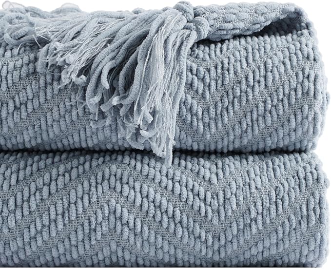 BATTILO HOME Blue Grey Throw Blanket for Couch, Chenille Knit Throw Blankets, Super Soft Dusty Blue Throw Blanket with Tassels for Bed,Sofa and Living Room,50" x 60"