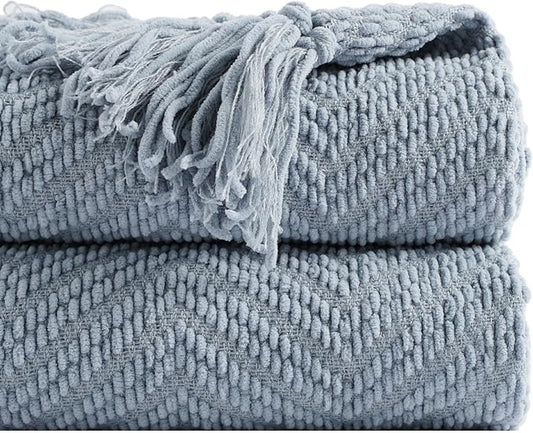 BATTILO HOME Blue Grey Throw Blanket for Couch, Chenille Knit Throw Blankets, Super Soft Dusty Blue Throw Blanket with Tassels for Bed,Sofa and Living Room,50" x 60"