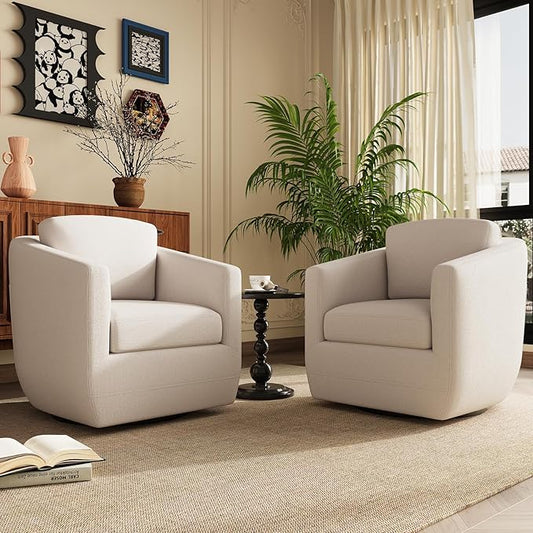 COLAMY 360° Swivel Accent Chair Set of 2 No-Sag Foam & Sturdy Metal Base, Fully Assembled Living Room Armchair with Pillow, Swivel Accent Single Sofa for Bedroom Living Room, Reading Room, Beige