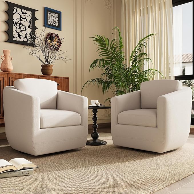 COLAMY 360° Swivel Accent Chair No-Sag Foam & Sturdy Metal Base, Fully Assembled Living Room Armchair with Pillow, Swivel Accent Single Sofa for Bedroom Living Room, Reading Room, Beige