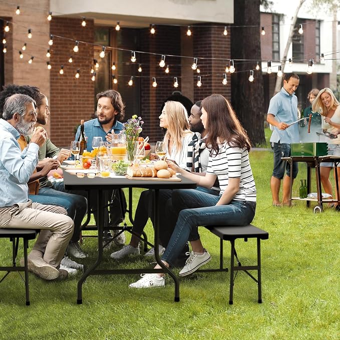 VINGLI Picnic Table Set with 2 Benches, 6 Feet Camping Table Chair Set, 3-Piece Folding Furniture for Indoor or Outdoor Use, Tree Patterned HDPE Tabletop, Black - Image 8