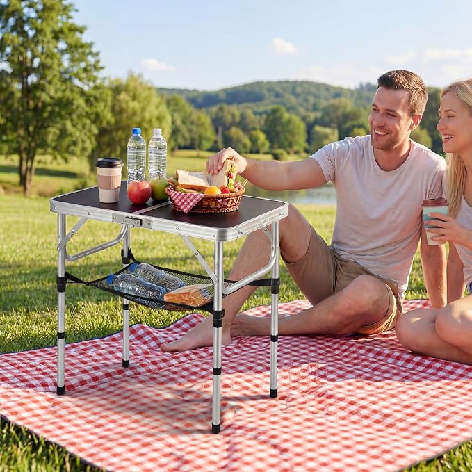 YihuiKo Folding Picnic Table with Storage Net, Black Aluminum Folding Table 23.6" x 15.8", Adjustable Height Max 27.5", Lightweight Portable for Camping Travel Indoor - Image 4