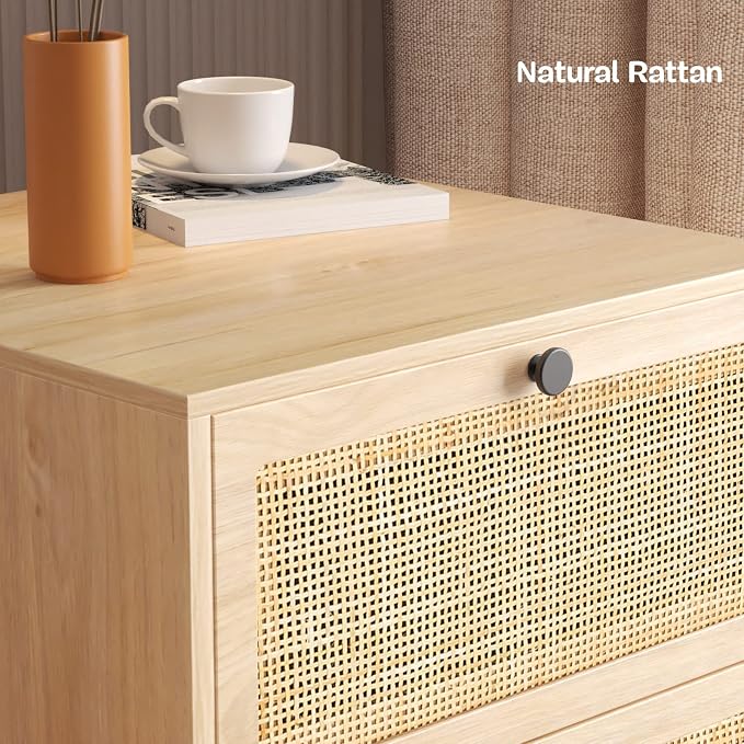 Yechen Set of 2 Rattan Nightstands with 2 Storage Drawers, Boho Bedside Table with Handmade Natural Cane, Mid-Century Modern End Table with Metal Legs for Bedroom, Natural Oak - Image 5
