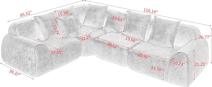 116-Inch Oversized Modular Compressed Sectional Couches 4 Pieces Modular Boneless Sofas with 7 Pillows,Modern Minimalist Corner Cloud Sofa Comfy Chenille Deep Seat Foam Couch