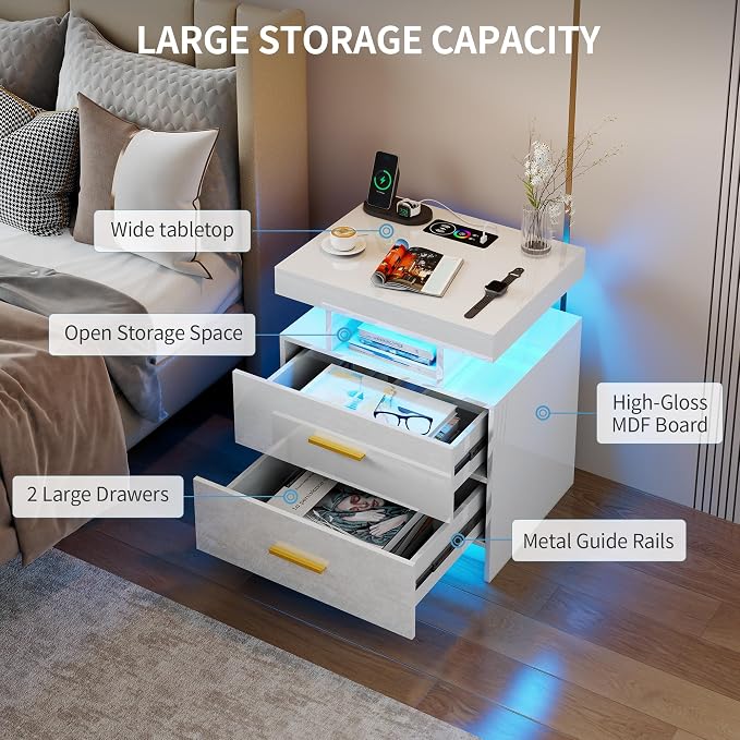 Smart Night Stand with Charging Station, Modern White Nightstand with 24 Color Lights and 2 Drawers, LED Bedside Tables with Auto Senor,High Gloss End Table for Bedroom - Image 5