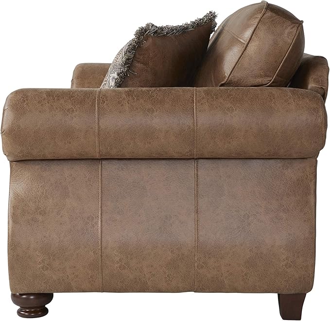 Leinster Faux Leather Sofa and Loveseat with Antique Bronze Nailheads in Jetson Ginger