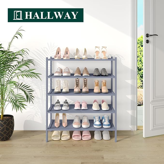 Smiry Bamboo Shoe Rack, 5 Tier Shoe Organizer for Entryway & Closet, Stackable Free Standing Storage Shelf for Shoes, Bags & Plants, Grey - Image 4