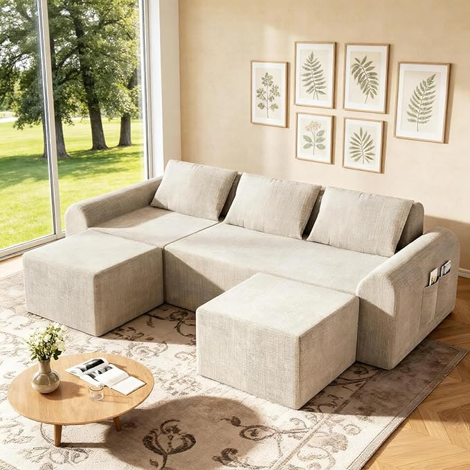Cloud Modular Sectional Sofa, No Assembly Deep Seat Chenille Couch with 2 Ottomans, 3-Seater Modular Sofa for Living Room, Beige