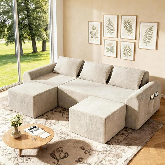 Cloud Modular Sectional Sofa, No Assembly Deep Seat Chenille Couch with 2 Ottomans, 3-Seater Modular Sofa for Living Room, Beige