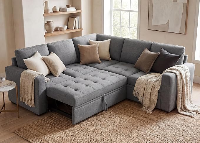 HONBAY Modular Sectional Sofa with Pull Out Bed Convertible L Shaped Couch with Storage Seat Sleeper Sectional Couches for Living Room,Mid Grey