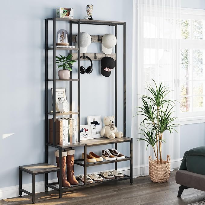 Espelism Hall Tree with Shoe Storage Bench Coat Rack with 7 Hooks Interchangeable 4 Tier Side Storage Shelves Small Cute Side Bench Industrial 5-in-1 Entryway Coat Rack for Hallway Mudroom Bedroom - Image 7