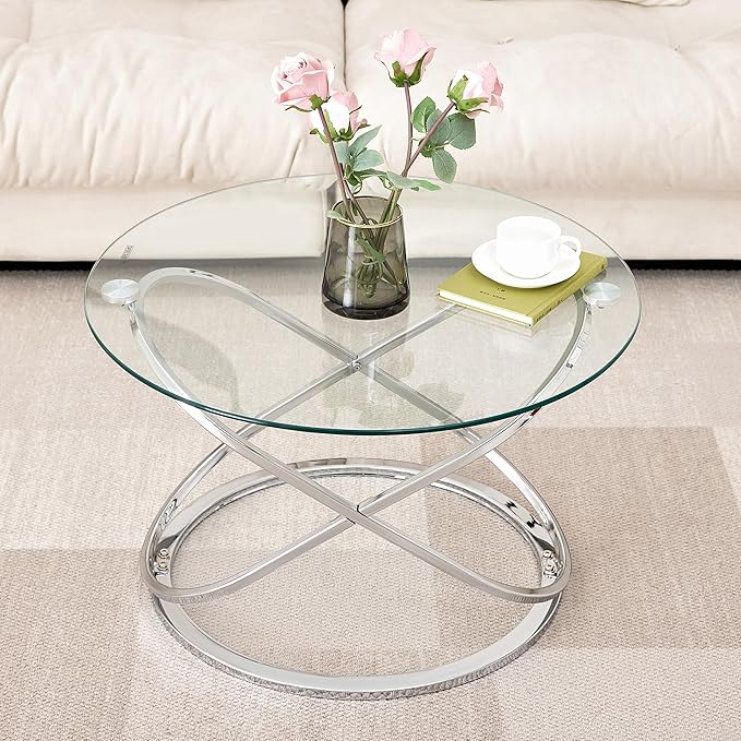 Modern Silver Round Glass Coffee Table – 26.7” Tempered Glass Top & Luxe Chrome Cross-Leg Base – Stylish Accent Table for Living Room, Apartment or Condo – Easy Setup – Space-Saving & Statement-Making