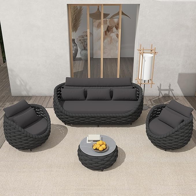 TWT Aluminum Modern Patio Set Three Seater Sofa Outdoor Furniture Set w/Coffee Table,Patio Conversation Set with Hand Woven Teslin Rope for Bedroom Backyard Poolside, Dark Grey