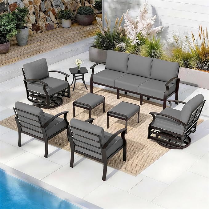 ALAULM Aluminum Patio Furniture Set with 2 Swivel Chairs 9-seat Metal Outdoor Furniture Patio Sectional Sofas Patio Conversation Set w/2 Ottomans for Patio, Backyard, Poolside-Grey