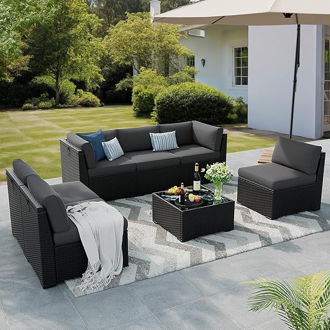 Patio Furniture Set, 7 Pieces Outdoor Sectional Sofa Set with Waterproof Cover, Black PE Wicker Rattan Slanted Back Outdoor Conversation Set with Cushions and Glass Coffee Table, Dark Grey