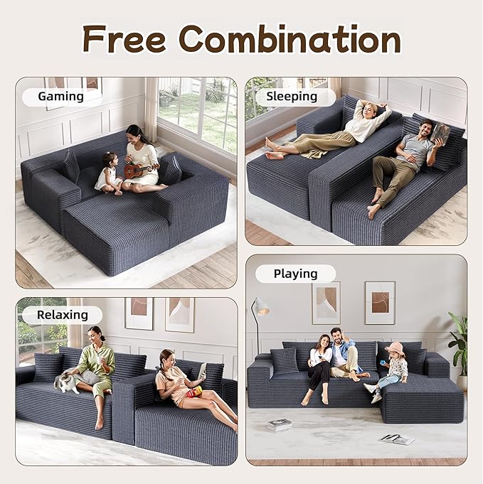 L-Shape Cloud Sectional Sofa, 104” Modern Modular Boneless Couch with Left Chaise Lounge, Compressed Floor Sofa with 5 Pillows & Deep Seat, Flannel Velvet Couch for Living Room, Dark Gray