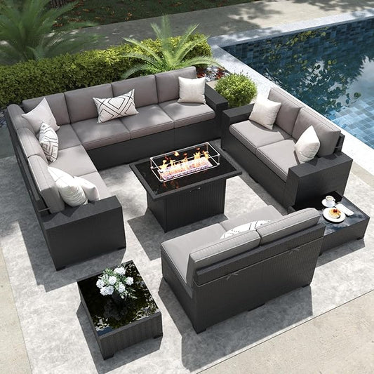 LayinSun 13 Pieces Outdoor Patio Furniture Set with 44" Fire Pit Table Rattan Sectional Sofa Conversation Sets