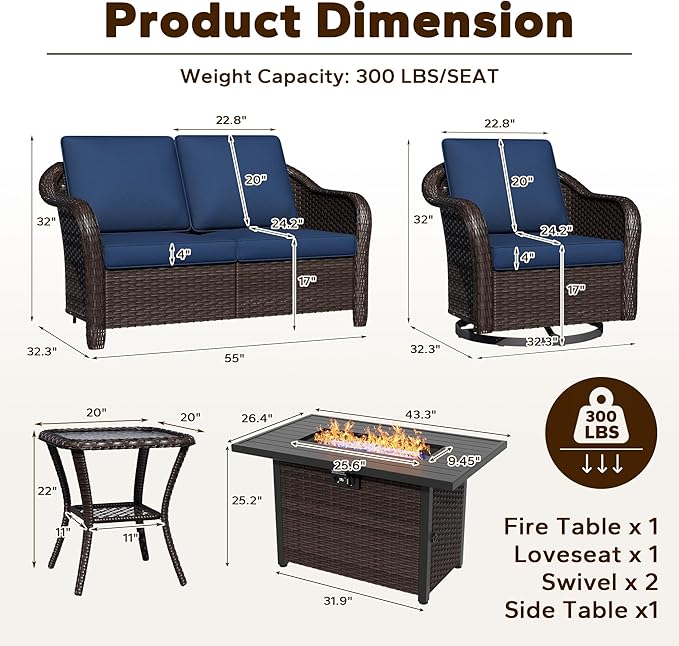 5 Piece Patio Wicker Conversation Set, All-Weather Use Outdoor Wicker Loveseat with 2 PE Rattan Ottomans,2 Swivel Chair, 1 Side Table, Ideal for Porch, Backyard, Balcony, Poolside, Blue