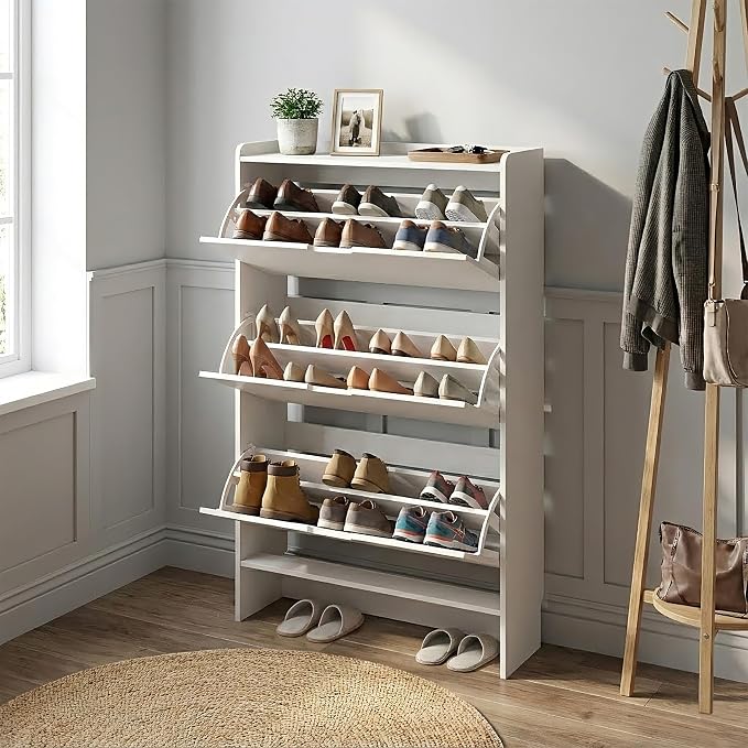 52" Tall Slim Shoe Cabinet, 3-Drawer Flip Down Hidden Shoe Storage with Top Fence & Open Bottom Shelf, Ultra-Thin Narrow Shoe Rack, White Wood Grain - Image 9
