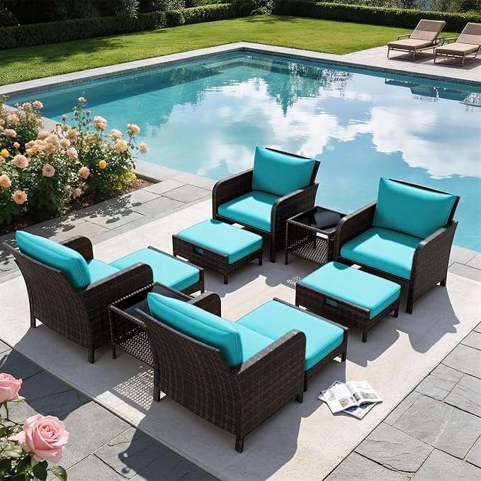 LEVELEVE Patio Conversation Set 5 Piece, Balcony Furniture Outdoor PE Rattan Wicker Lounge Chairs with Soft Cushions, 2 Ottomans & Glass Table for Porch Lawn, Brown (Lake Blue Cushions