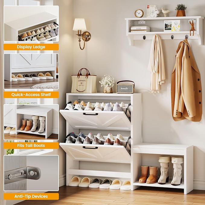 Homeiju Shoe Cabinet with Flip Down Cabinet, 5-in-1 Entryway Hall Tree with Adjustable Shelves, Coat Rack & Quick-Access Shelf, Anti-Tip Safety for Kids & Pets - Image 7