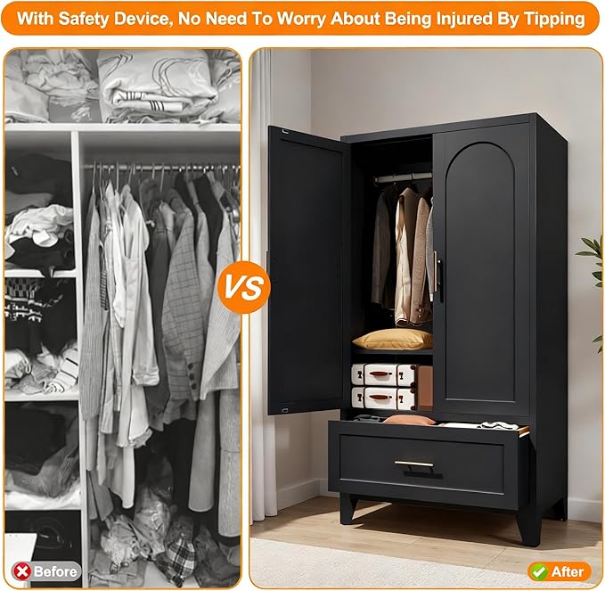 60" Metal Armoire Wardrobe Closet with 1 Drawer, Freestanding Arched 2-Door Tall Clothing Storage with Adjustable Shelves and Hanging Rod for Bedroom Dorm, Black