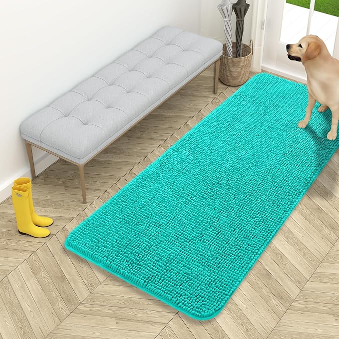 OLANLY Dog Door Mat for Muddy Paws 54x24, Absorbs Moisture and Dirt, Absorbent Non-Slip Washable Doormat, Quick Dry Chenille Mud Mat for Dogs, Entry Indoor Entryway Carpet for Inside Floor, Teal by OLANLY