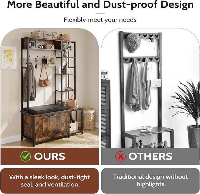 Hall Tree Coat Rack, Hall Tree With Bench and Shoe Storage Shoe With, Mud Room Storage Furniture，39.37 X 15.74 X 69.69 Inches, Brown - Image 6