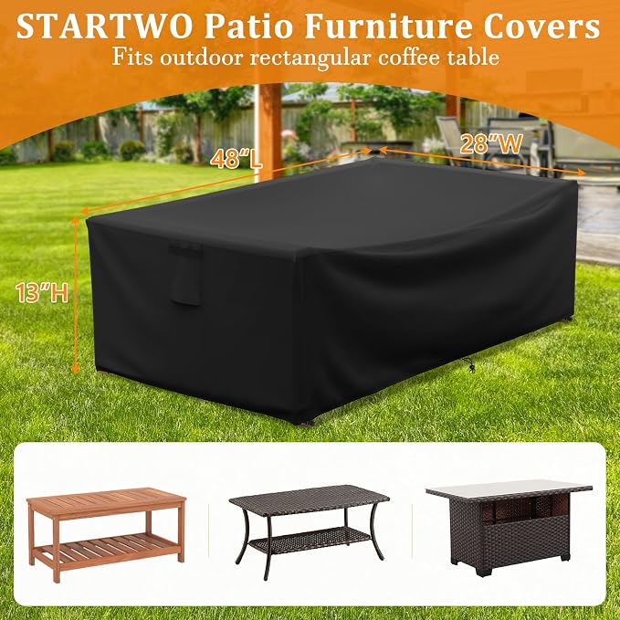 STARTWO Patio Furniture Covers Waterproof for Coffee Table Cover, Heavy Duty Durable Rectangular Outdoor Table Cover Fits up to 48L x 28Wx 13H inches, Black - Image 2