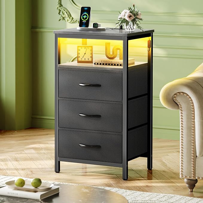 Huuger Night Stand with Charger Station and LED Lights, 3 Drawer Nightstand, Bed Side Table with Open Shelf, End Table, Tall Fabric Dresser for Bedroom, Grey - Image 2