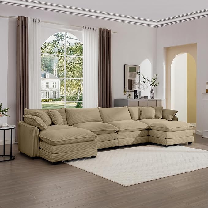 KEIKI 150" U-Shaped Oversized Corduroy Modular Sectional Sofa with 2 Ottoman, High-Density Foam Cushions, Removable Armrests, Upholstered 4-Seater Corner Couch with 6 Pillow, for Living Room, Tan