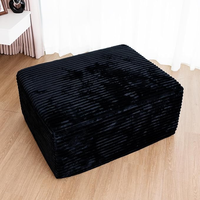 37.4" Plush Corduroy Ottoman, Upholstered Cloud Ottoman for Boneless Couch in a Box, Modular Sectional Couches for Living Room, Compressed Memory Foam, No Assembly Require, Black