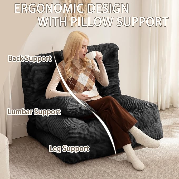 Folding Sofa Bed, Convertible Sleeper Chair with Pillow Foldable Mattress with Back Support, Portable Fold Out Chair Bed Comfy Floor Sofa Lounge for Living Room Bedroom, Black Twin 80x39 Inch