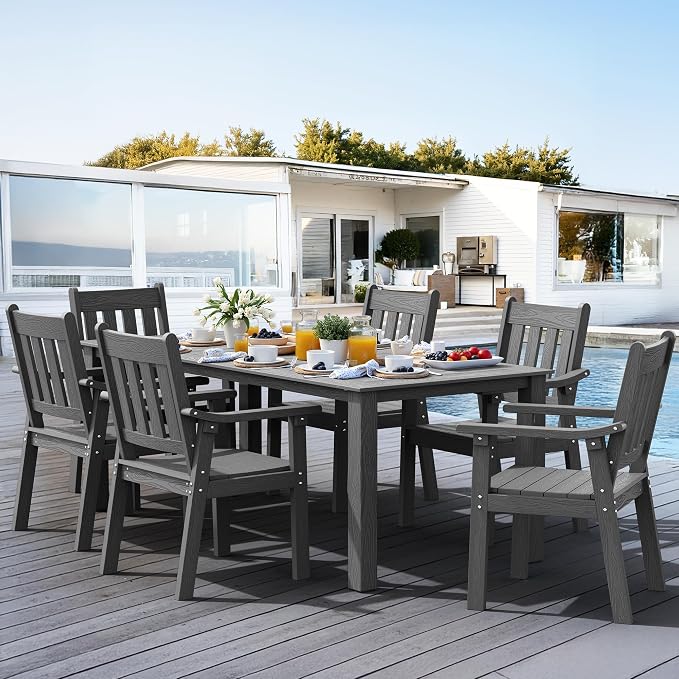 YEFU HIPS Patio Table Set: 7 Piece Patio Table and Chairs Outdoor Furniture Set with Umbrella Hole - Gray Modern Plastic Dining Sets 6 Person for Outside Deck with Metal Aluminum Frame - Image 9