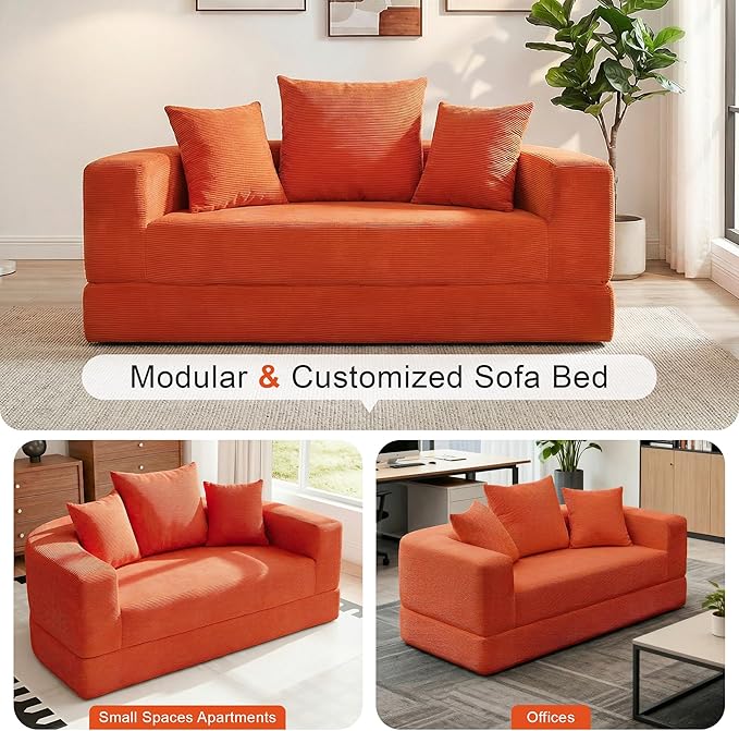 Casaphoria Convertible Sofa Bed,67'' Fold Out Sleeper Sofa with Pillows for Small Space,Multi-Functional Futon Couch for Living Room,Apartment,Guest Room(Orange)