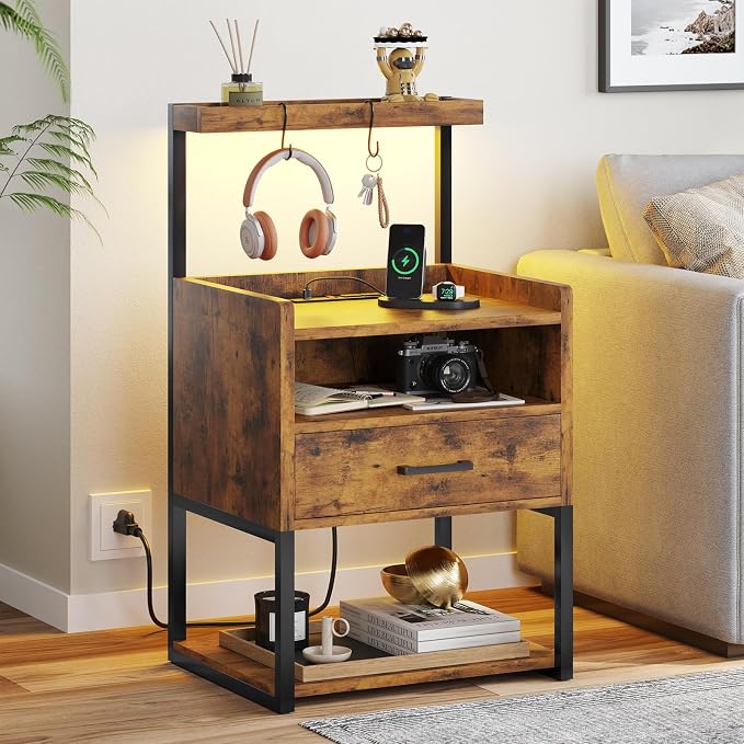 VIAGDO Nightstand with Charging Station and LED Lights, Rustic Brown Night Stand with Drawer, Modern End Side Table with Open Storage Shelves, Bedside Tables for Bedroom, Office - Image 6