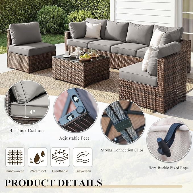 5 Piece Patio Furniture Set All Weather PE Rattan Outdoor Sectional Sofa Couch with No-Slip Cushions and Glass Top Table for Garden, Poolside, Backyard (Gray)