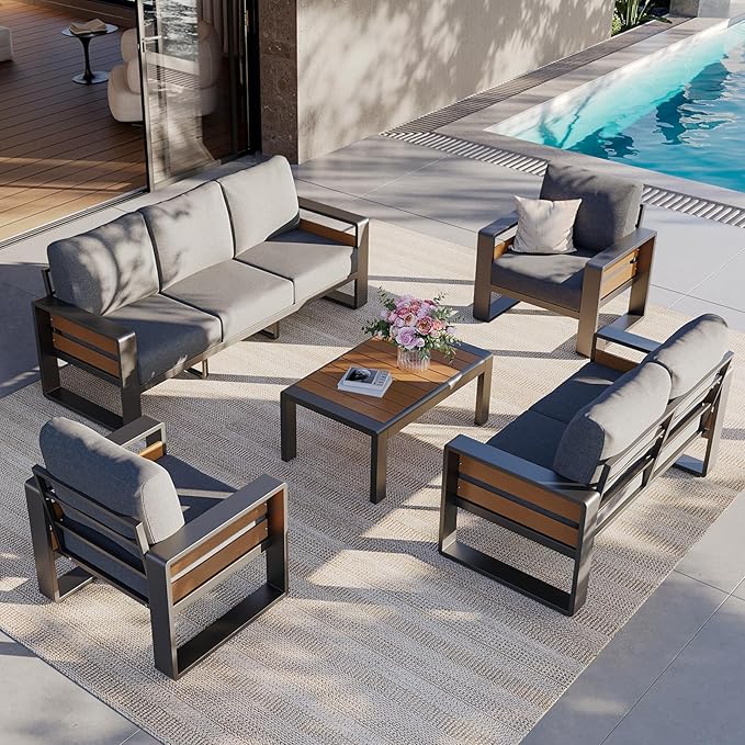 Aoxun Aluminum Patio Furniture Set, 7 Seats Luxury Metal Patio Conversation Sets with Coffee Table, Thick Cushions and Waterproof Cover, Modern Outdoor Furniture Set for Backyard/Poolside, Light Grey