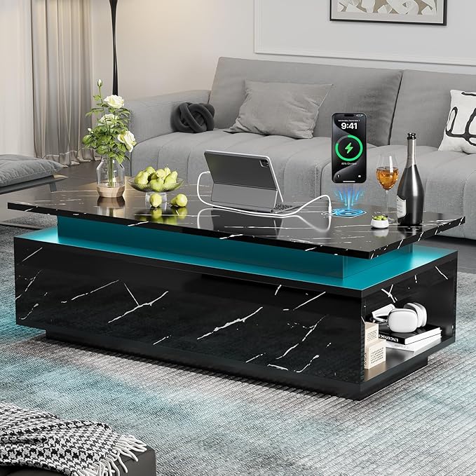 47" Modern LED Coffee Table with Wireless Charging, Bluetooth Speaker, and USB Ports, High Glossy Marble Coffee Table with Large Open 2-Tier Storage and Shelves for Living Room - Black