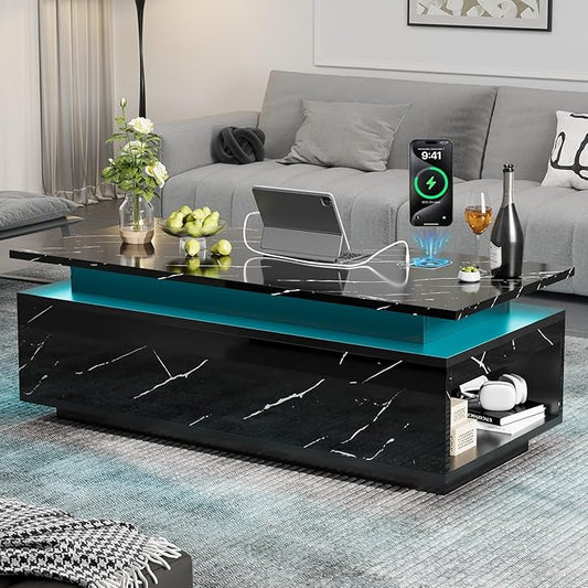 47" Modern LED Coffee Table with Wireless Charging, Bluetooth Speaker, and USB Ports, High Glossy Marble Coffee Table with Large Open 2-Tier Storage and Shelves for Living Room - Black