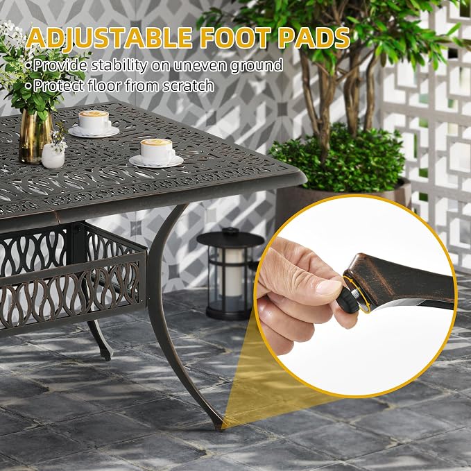DWVO Cast Aluminum Outdoor Dining Table, 59'' Patio Table w/Max Bearing 220 LBS, Patio Dining Table with 2" Umbrella Hole and Adjustable Foot Pads for Garden, Backyard, Deck and Patio, Bronze - Image 5