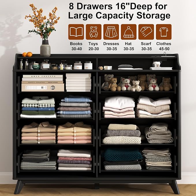 Dresser for Bedroom with 8 Drawers, 55" Large Dresser & Chest of Drawers with Charging Station, Wood Closet Clothes Storage Tall Dressers Organizer for Bedroom Living Room Hallway (Black) - Image 3