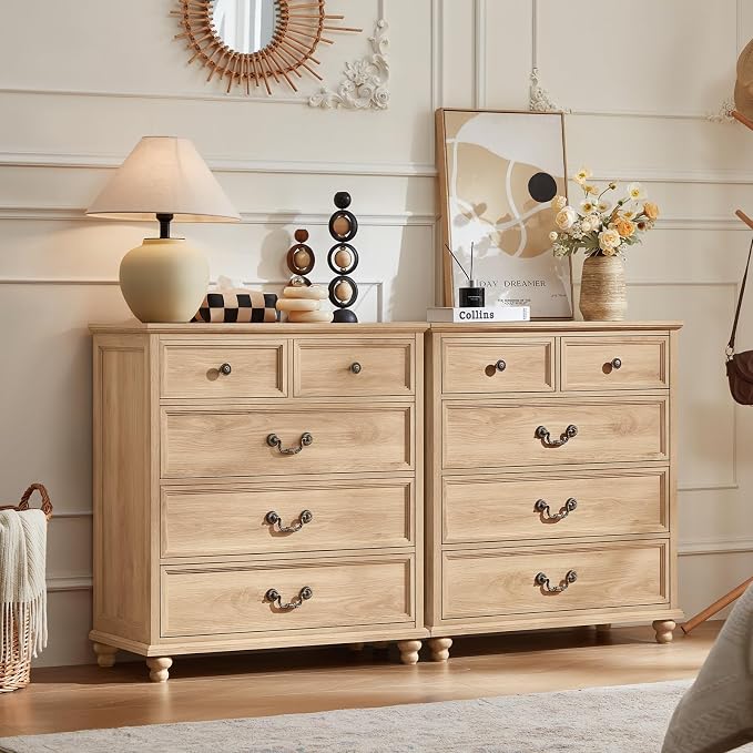 Joaxswe Farmhouse 5 Drawer Dresser for Bedroom, 35" Tall Rustic Chests of Drawers w/ 4 Solid Wood Feet, Mid Century Modern Wooden Closet Storage Dressers Organizer for Living Room, Hallway,Natural - Image 3