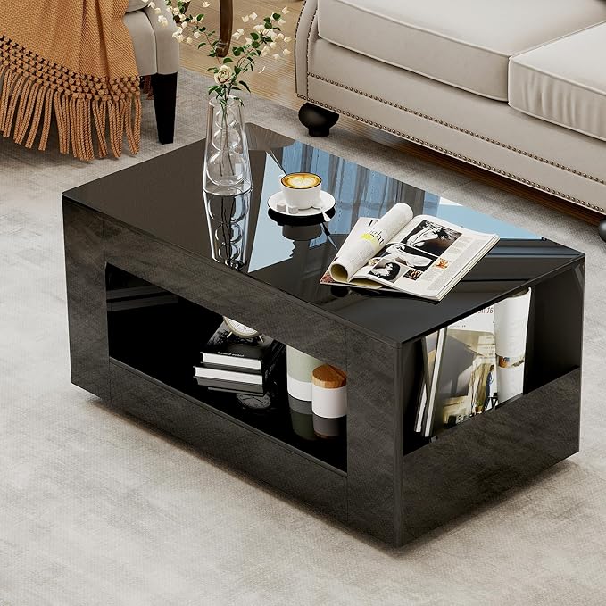 39" High Gloss Wood Coffee Table for Living Room, Sides Storage with Transparent Legs, Modern 2-Tier Storage Shelf Center Table for Home Office, Apartment, Black