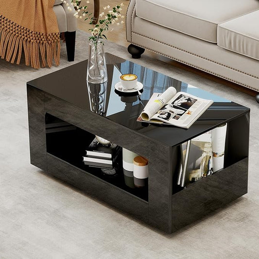 39" High Gloss Wood Coffee Table for Living Room, Sides Storage with Transparent Legs, Modern 2-Tier Storage Shelf Center Table for Home Office, Apartment, Black