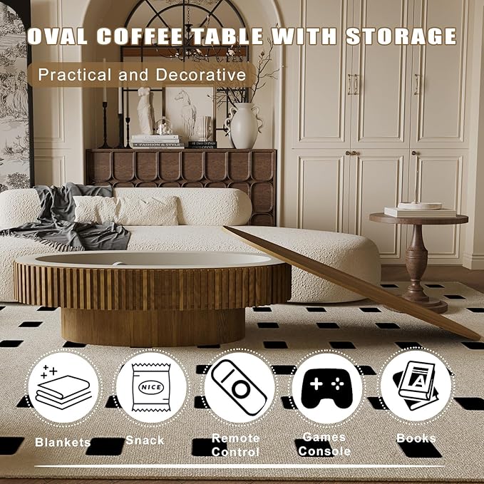 Oval Coffee Table with Storage, Modern Walnut Coffee Table with Solid Wood Veneered, Fluted Center Table Wood Drum Tea Table for for Living Room Apartment, 47.2''L×23.6''W×14.2''H