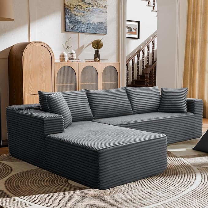 106" Modular Sectional Sofa, Grey Corduroy Cloud Couch with Right Chaise, Deep Seat Boneless Floor Sofa for Living Room, High-Resilience Foam Support, No Assembly Required, Includes Pillows | Sectional Sofa, Corduroy Cloud, Boneless, High-Resilience, N...